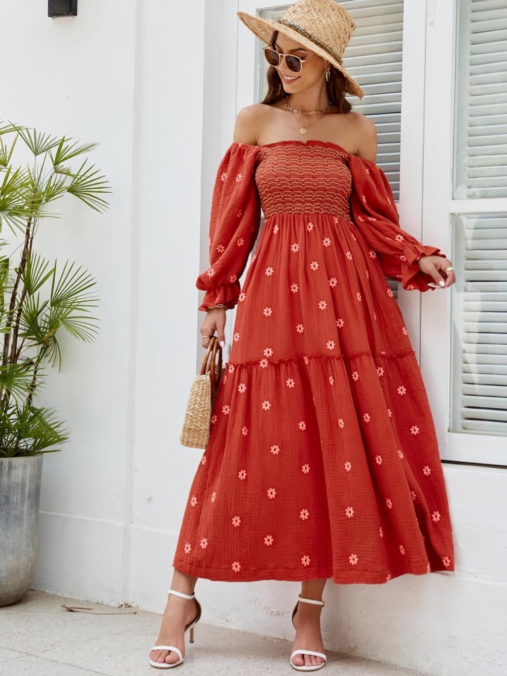 Rust Red Off-Shoulder Floral Tiered Maxi Dress